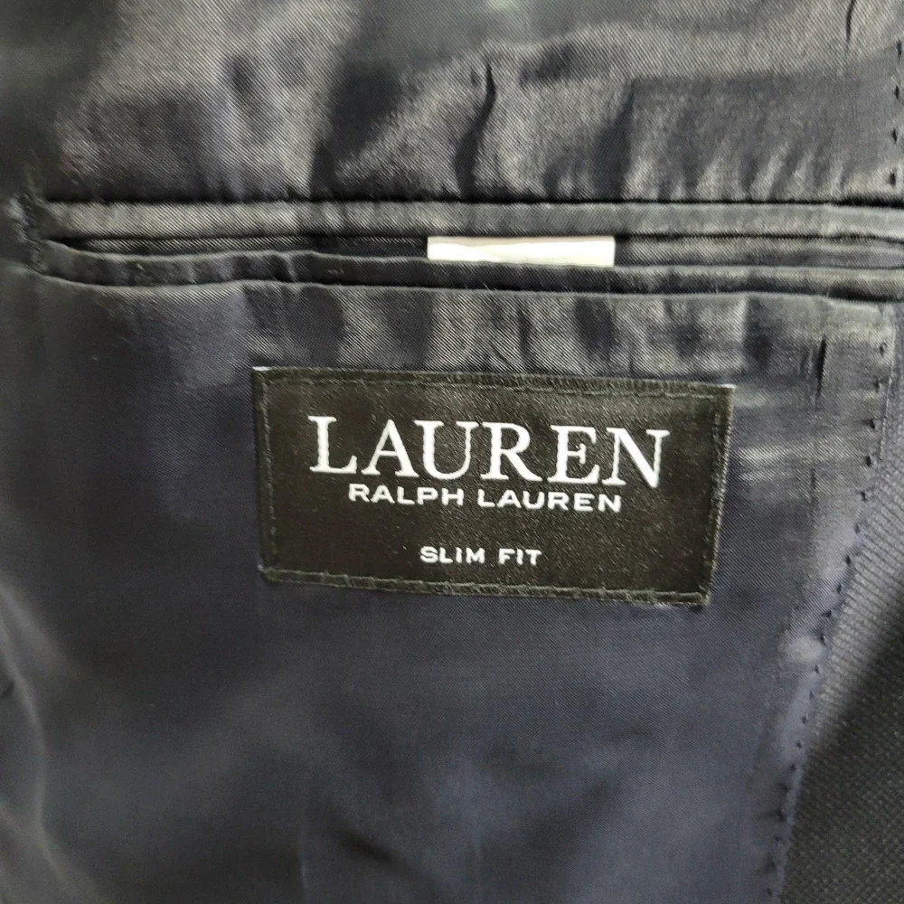 Lauren Ralph Lauren Mens Sport Coat Blazer Two Button Navy Wool Spandex 46R SLIM